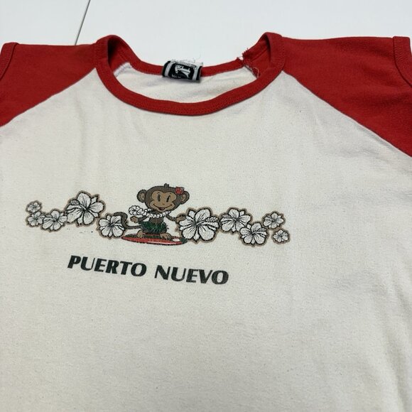Vintage Monkey Floral Womens 'Baby Tee" Shirt 18x19.5 White Puerto Nuevo Mexico - Picture 5 of 15